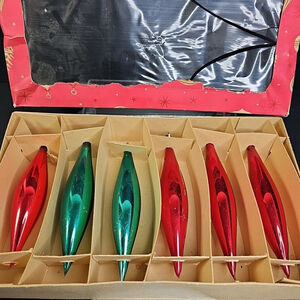 6 Poland Teardrop Oblong Glass Christmas Ornaments Red Green Baubles Vintage Box